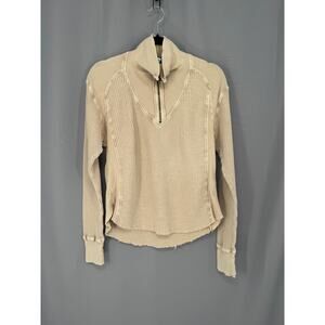 Free People Shirt Womens Medium Beige Thermal Waffle Ashton Zip Mock Neck
